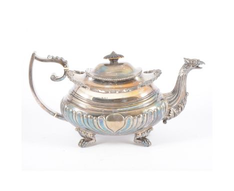 Regency silver teapot, John Watson, Sheffield 1816, oval semi-gadrooned form, with cast shell and scrolled outlines, leaf-cap