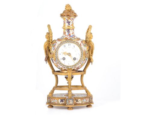 French gilt metal and champleve enamel mantel clock, white enamelled dial signed Thomas Reynolds &amp; Son, Hull and Paris, r