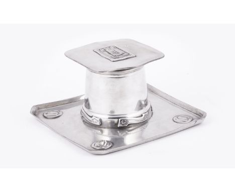 Archibald Knox for Liberty & Co. a Tudric pewter inkwell, shape 0141, with clear glass liner, stamped 'Tudric Made in England