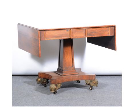 Regency rosewood pedestal sofa table, rectangular leave fitted with two frieze drawers, incorporating a tablet centre, square