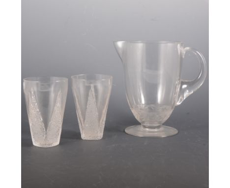 Rene Lalique, a lemonade jug and six associated tumblers, pre-1945, the jug with band of scrolling vines towards the base, th