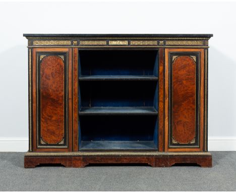 Victorian yew wood ebonised rosewood and gilt metal mounted dwarf bookcase, Gillow &amp; Co., 9647, rectangular top, cast rel