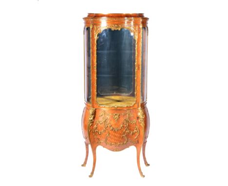 Louis XV style king wood parquetry work and gilt metal mounted vitrine, serpentine shape and glazed panel door to the upper s