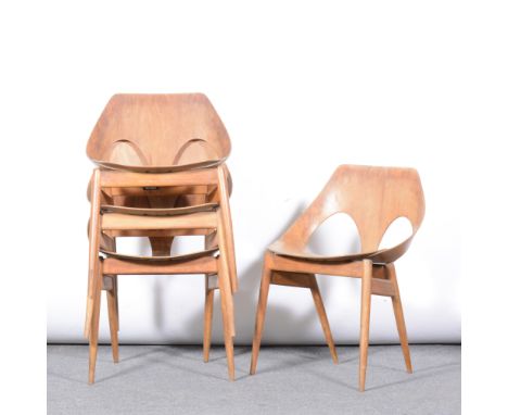 Carl Jacobs for Kandya, a set of four stacking chairs, design 871266, bent ply shells, applied label. (4)