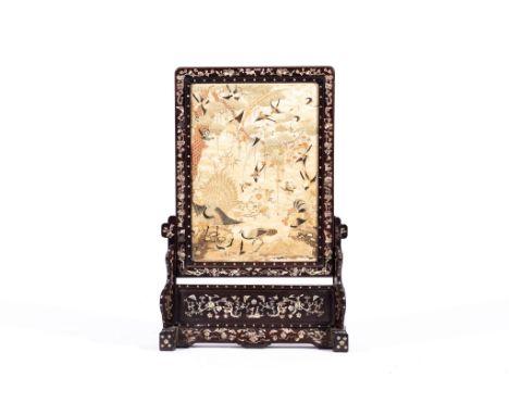 Chinese embroidered silk and hongmu framed table screen, 19th Century, the panel with birds and flowers (faded, substantial d