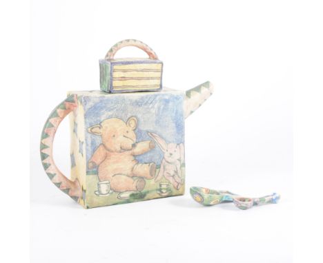 Amanda Popham, 'Dollies Tea Party' a stoneware teapot, 2005, slab form, painted with a nursery theme, signed and dated, 19.5c