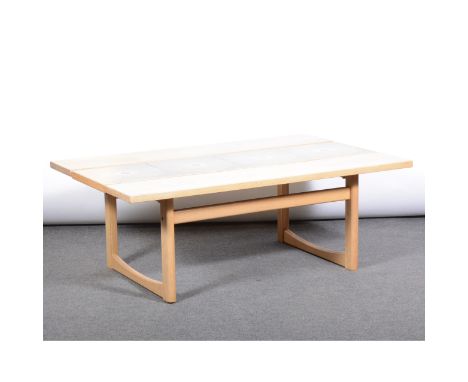 Danish oak coffee table, the rectangular top inset with four large square ceramic tiles, length 136cm, width 88cm, height 51c