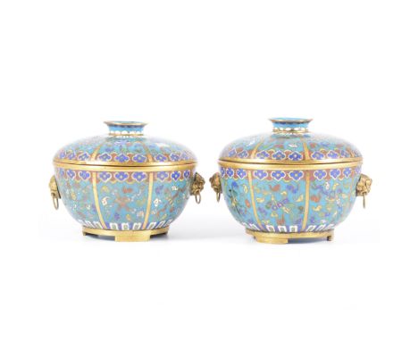 Pair of Chinese cloisonne covered bowls, each with maskhead loose ring handles, panelled decoration, with precious objects, h