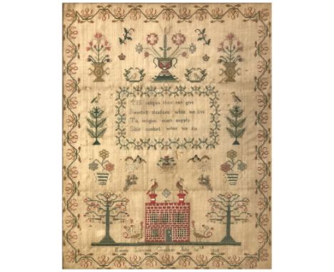George IV needlework sampler, Emma Lavinia Crocker, July 16, 1826, with a text, surrounded by flowers, potted plants, with a 