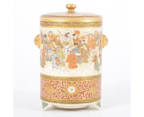 A Satsuma cylindrical jar, black ground cartouche mark, probably Meiji, painted with a gathering of numerous figures, over a 