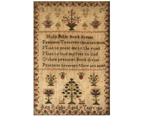 George IV needlework sampler, M. Ralphs aged 7 years, 1828, with a text between formal flower arrangements, meandering strawb