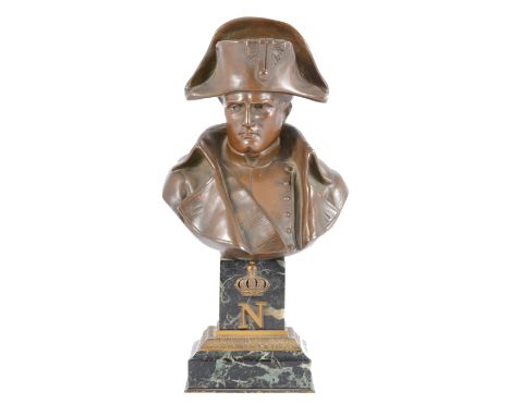 Emile Pinedo, Napoleon Bonaparte, bronze portrait bust, Paris foundry mark, on a stepped marble plinth, 23cm.