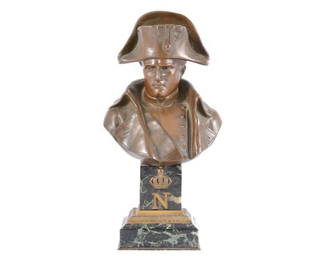 Emile Pinedo, Napoleon Bonaparte, bronze portrait bust, Paris foundry mark, on a stepped marble plinth, 23cm.