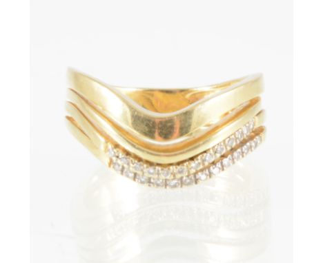 A diamond set dress ring, a contemporary design of four yellow metal curved bands, two each set with thirteen small diamonds,