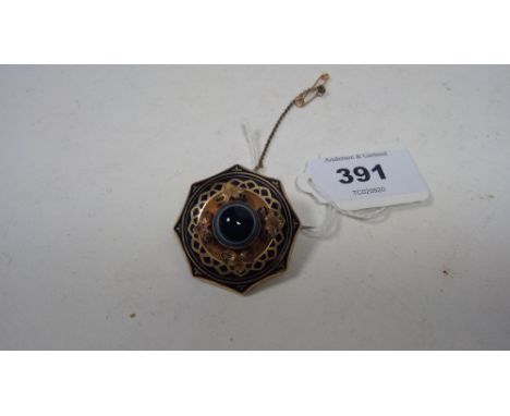 19th Century roundel pattern mourning brooch, yellow metal with black enamel and central banded agate cabochon, vacant locket