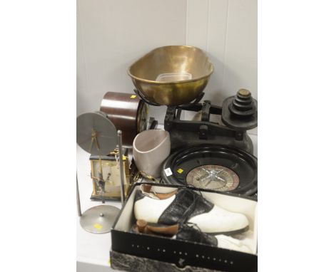 A set of vintage produce scales, with graduated weights; a mahogany cased mantel clock; a Metamec carriage clock; a collectio