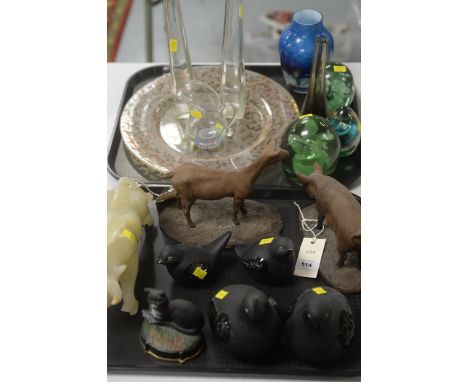 Two antique Yorkshire dump paperweights; a Millifiore jug; a pair of tall glass bottle vases; further art glass; an onyx bull