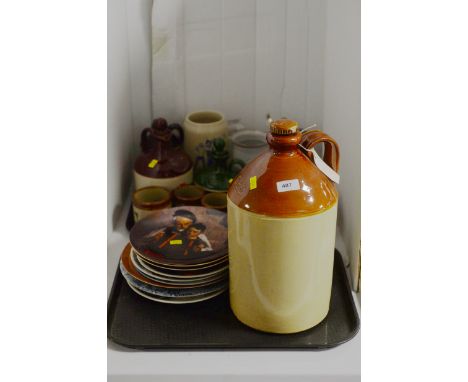 A large stoneware bottle with impressed mark 'GPO'; further stoneware pots and tankards; art plates; and other items.