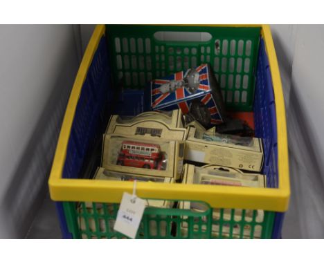 Diecast model cars, makers to include: Corgi; Days gone; and Fina; together with a vintage tea tin; and a conductors baton.