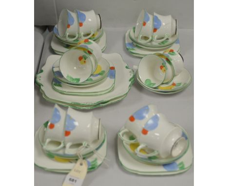 An Art Deco style Paragon Crocus tea set for twelve people, comprising: cups, saucers, side plates, and two sandwich plates.