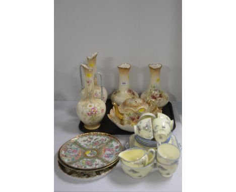 Crown Devon blush ivory ware, to include: a pair of jugs; a pair of vases; a teapot; and a bowl; together with two Cantonese 