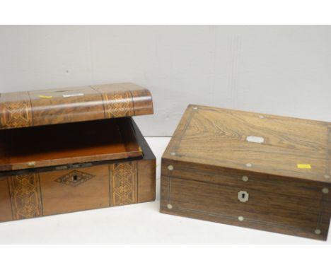 A Victorian inlaid walnut Tunbridge ware writing box; together with a Victorian rosewood and mother-of-pearl inlaid work box.