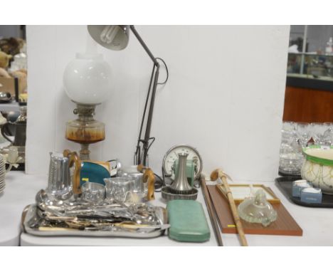 Various mid 20th Century items, to include: a brown anglepoise lamp; Piquot ware tea service; a metal plate by Catherine Holm