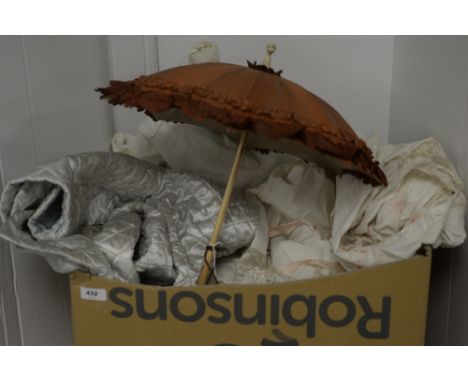 A Victorian silk sunshade umbrella; together with a box of Victorian and later lacework, linen and mixed textiles.