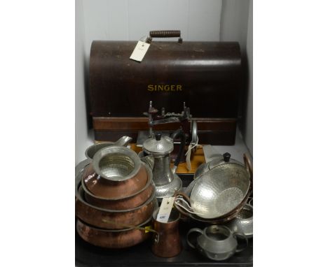 Spot hammered silver plate, pewter and copper items to include: teapot; coffee pot; jugs; dishes; and bowls; together with a 