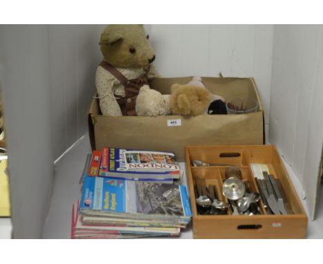 A vintage Chad Valley teddy bear; four other smaller teddies; a selection of Ordnance Survey maps; and a set of stainless ste