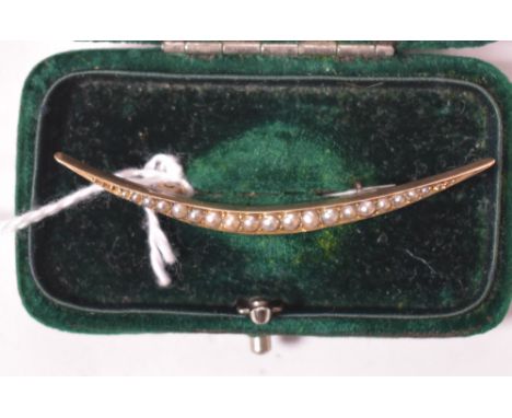 Victorian seed pearl and yellow metal crescent brooch, set with graduated pearls in a mount stamped '9ct', cased.