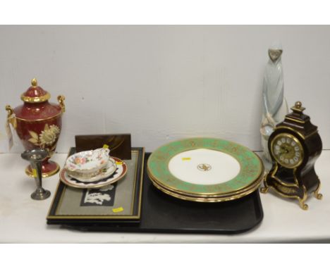 Wedgwood Jasperware plaque; a Wedgwood Ruby Tonquin W2488 vase and cover; four Wedgwood plates and three Royal Crown Derby di