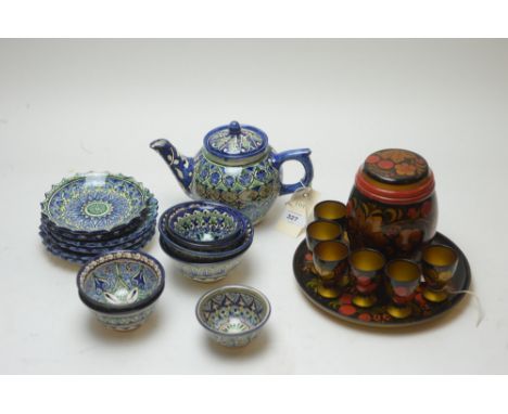 Art Deco style wooden fruit bowl, 25cm diameter; together with a collection of hand-painted pottery, consisting of a teapot (