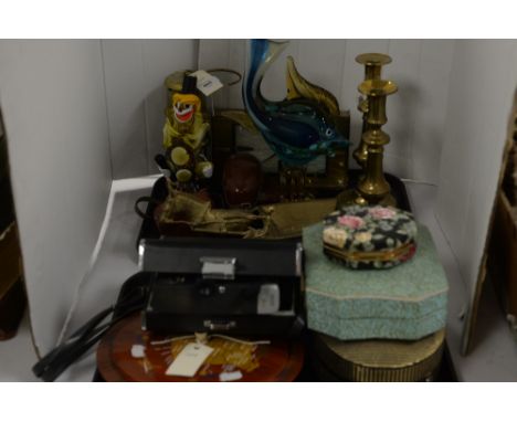 A brass miners lamp; Murano glass clown; Murano glass fish; a pair of brass candlesticks; vintage cameras; jewellery boxes co