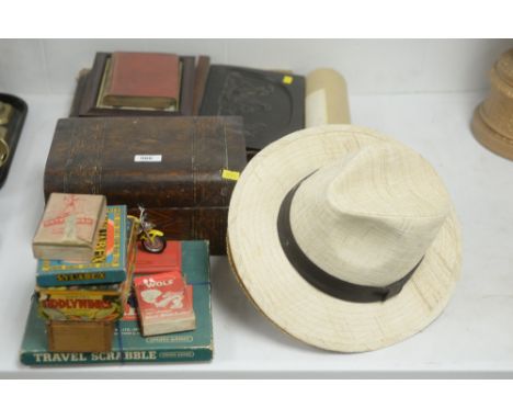A Victorian inlaid stained woodwork box; together with a bronzed religious relief; books; vintage board games including scrab