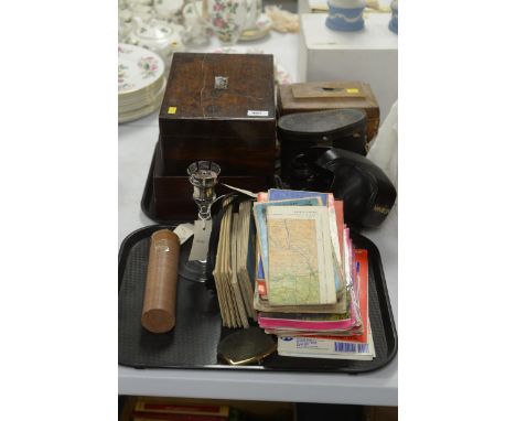 Vintage cameras and binoculars; a three draw brass telescope; various maps; and two wooden boxes, one containing British and 