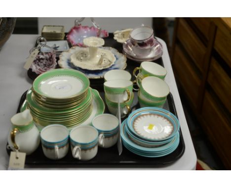 Mixed china and glass, to include: two art glass baskets; pink lustre cups and saucers; Royal Creamware chamberstick; a Wedgw