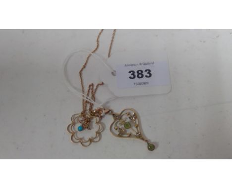 Two Edwardian pendants, one set peridot and seed pearl, with link chain; and a flower-shaped pendant, set seed pearl and turq