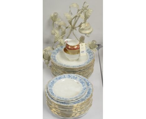 Coronaware 'Nancy' blue and white gilt rimmed plates; Aynsley jug and bowl; and a modern three-branch cream and gilt chandeli