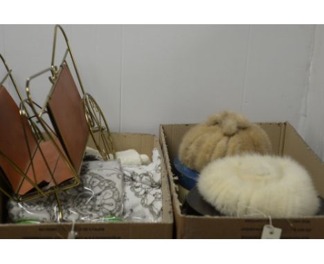 Two hat boxes containing three vintage fur hats, by Miss Dolores, J.Jones, and Kate's Boutique; a box of mixed linen and lace