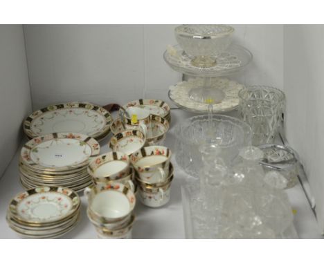 A Balmoral Melba tea set, comprising: cups saucers, sugar bowl, serving plates etc.; together with mixed glassware, to includ