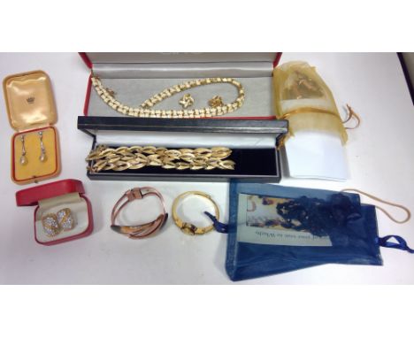 A small quantity of costume jewellery, including a pair of Ciro cultured pearl and paste stone earrings, cased.