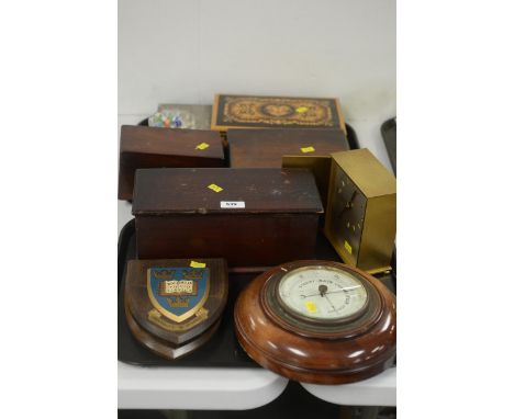 An inlaid jewellery box; a wall barometer; a Georgian mahogany tea caddy; a mahogany jewellery box; a silver plate jewellery 