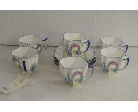 Shelley Art Deco Queen Anne shape 'Archway of Roses' part tea set, comprising of six cups and five saucers, pattern 11606, st