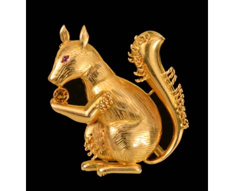 A French 18ct gold Squirrel Brooch set ruby cabochon eye and round citrine