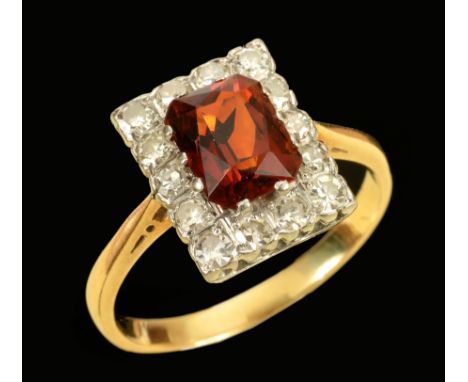 A Cluster Ring claw-set step-cut orange/red stone within frame of eight-cut diamonds, ring size R, and a Sapphire and Diamond