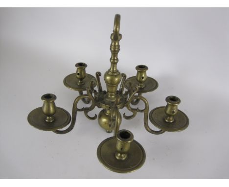 An antique Dutch brass five branch Chandelier with baluster column, 15in