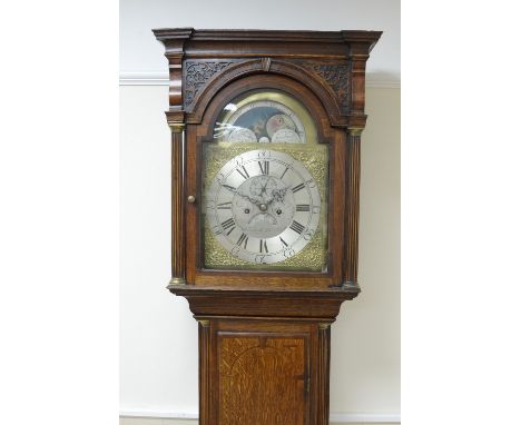 A late Georgian Longcase Clock with arched brass dial having moon movement, inscribed Bagnall, Dudley, silvered chapter ring,