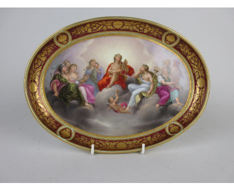 A 19th Century Vienna oval Dish decorated mythological scene of lover playing harp with Jenck figures holding musical instrum