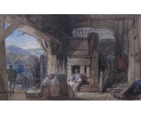 GEORGE CATTERMOLE RI (1800-1869)Figures in an old Millwatercolour heightened with white5 x 7 1/4 in (12.7 x 18.4cm)Provenance